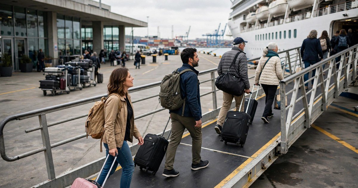 Travelers walking up a cruise ship gangway at embarkation with luggage, port terminal in background