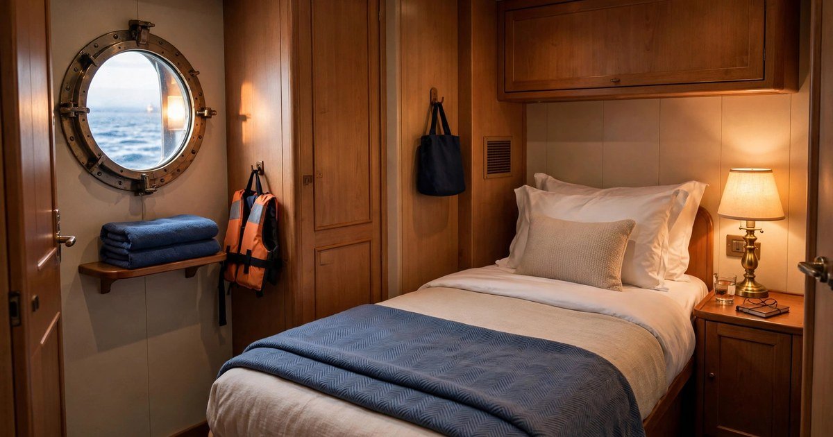 Compact cozy cruise ship cabin interior with a small porthole window and neatly made bed in warm light