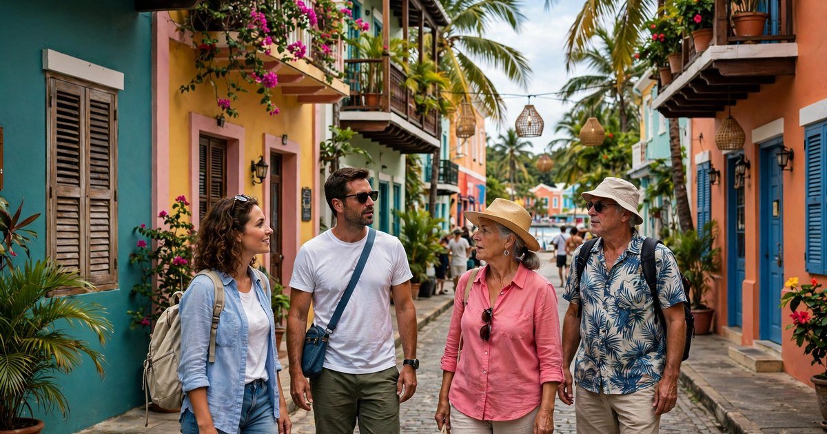 Cruise passengers exploring a colorful tropical port town street in the Caribbean on a port day