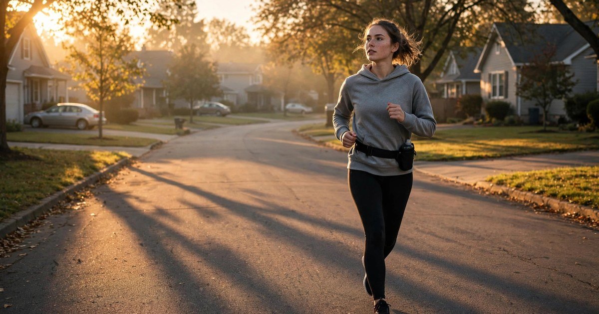 Beginner runner jogging alone on a quiet suburban road at sunrise