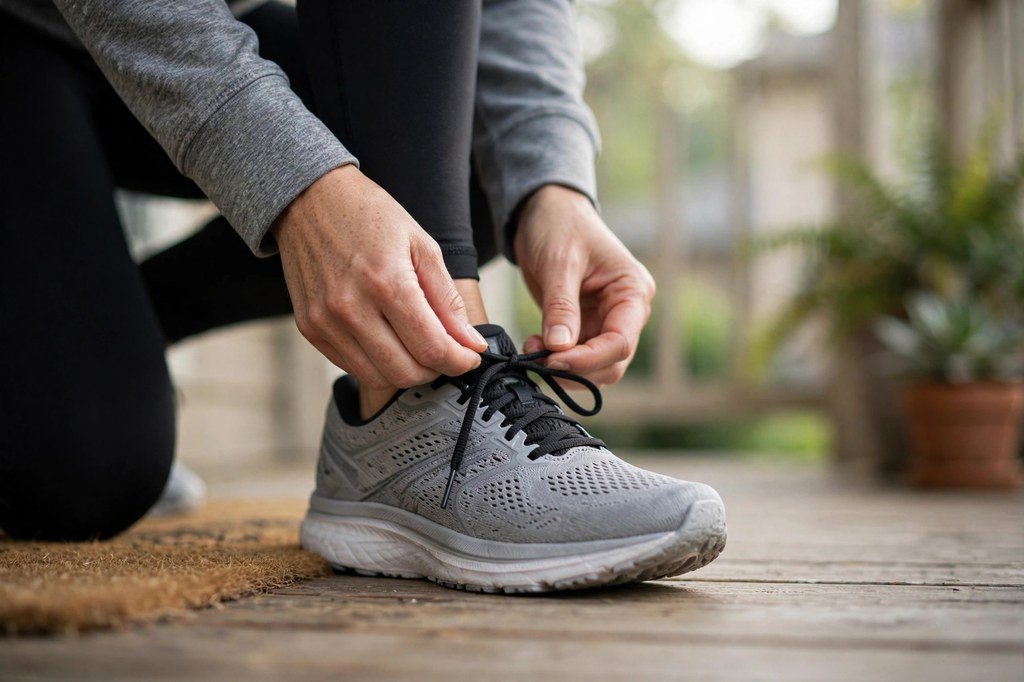 New runner tying running shoes on a front porch in the morning