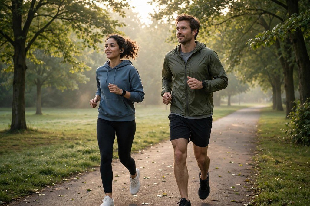 Two casual runners jogging on a tree-lined park path in early morning light