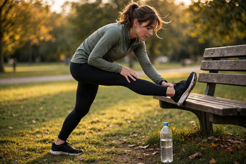 Runner stretching against a park bench after a run with a water bottle nearby