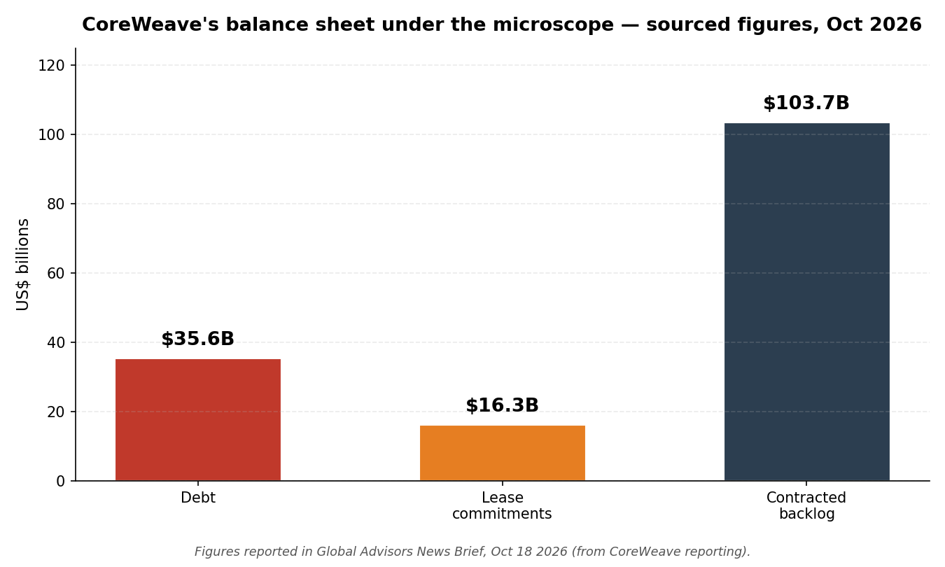 Bar chart of CoreWeave's sourced figures in billions of dollars: $35.6 billion in debt, $16.3 billion in lease commitments, and $103.7 billion in contracted backlog, as reported in the October 18, 2026 news brief