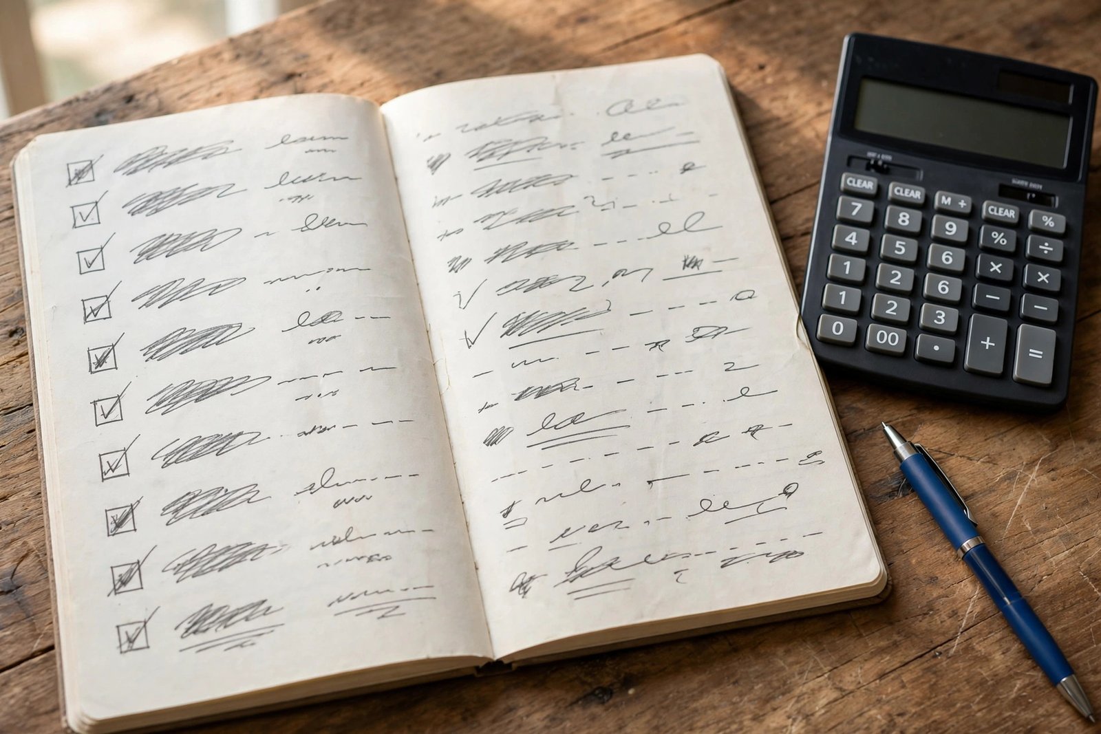 Handwritten debt payoff list with balances, interest rates, and minimum payments in a notebook next to a calculator