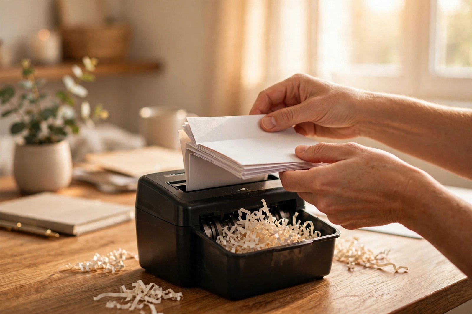 Hands feeding old financial statements into a home shredder after paying off debt