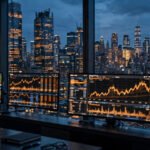 Wide view of the New York financial district skyline at dusk with trading screens glowing in an office window