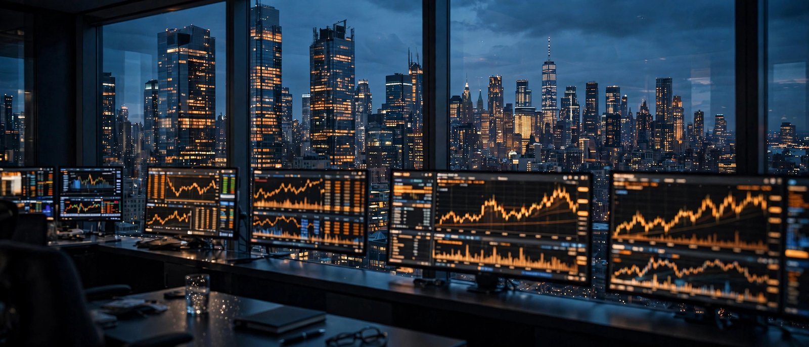 Wide view of the New York financial district skyline at dusk with trading screens glowing in an office window