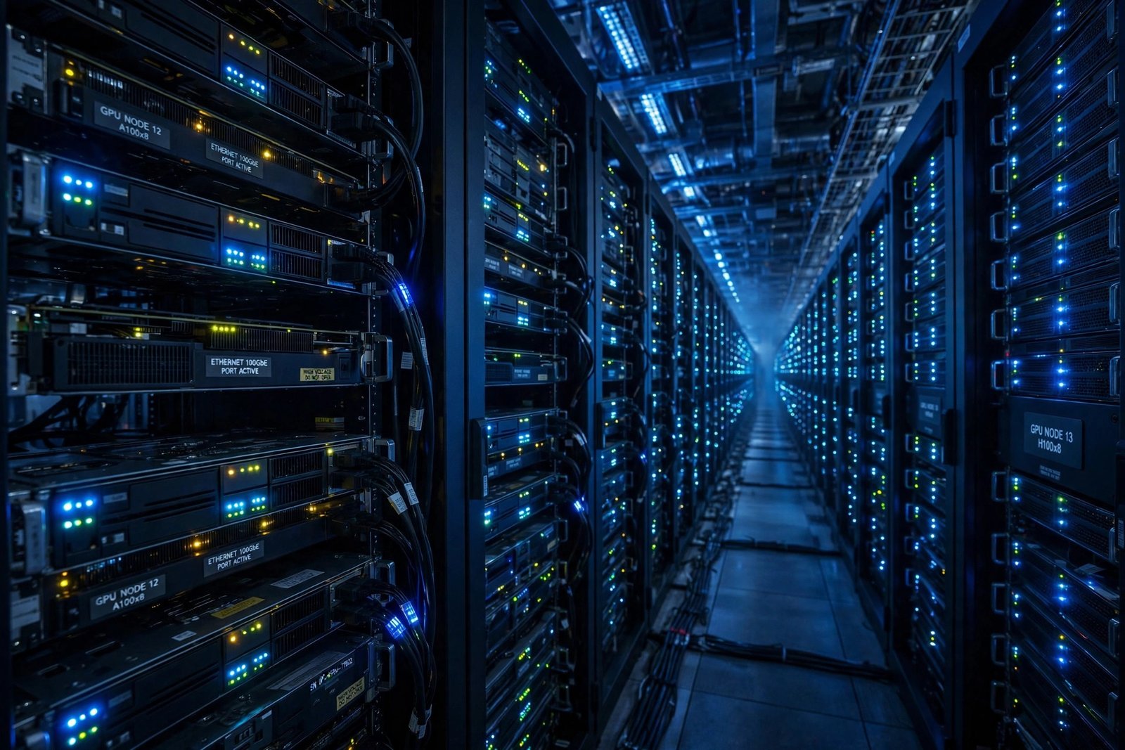 Close-up of a modern GPU data center server hall with illuminated server racks