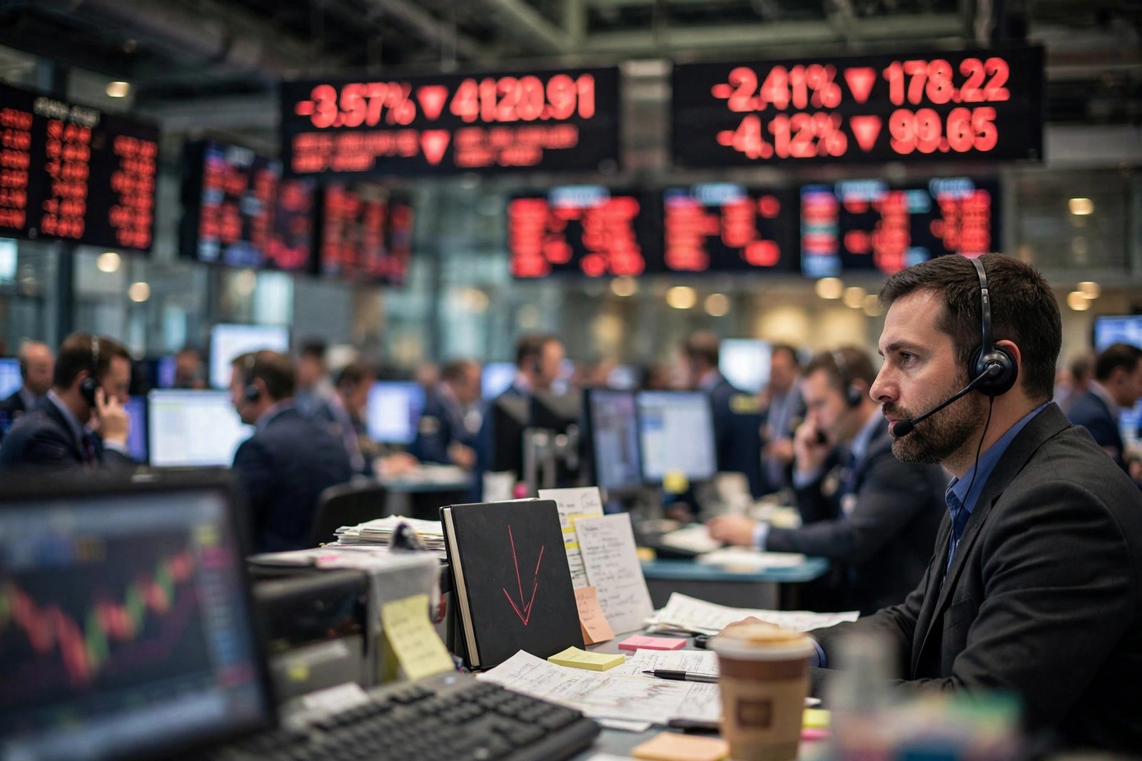 Stock exchange trading floor with blurred ticker boards showing falling red numbers