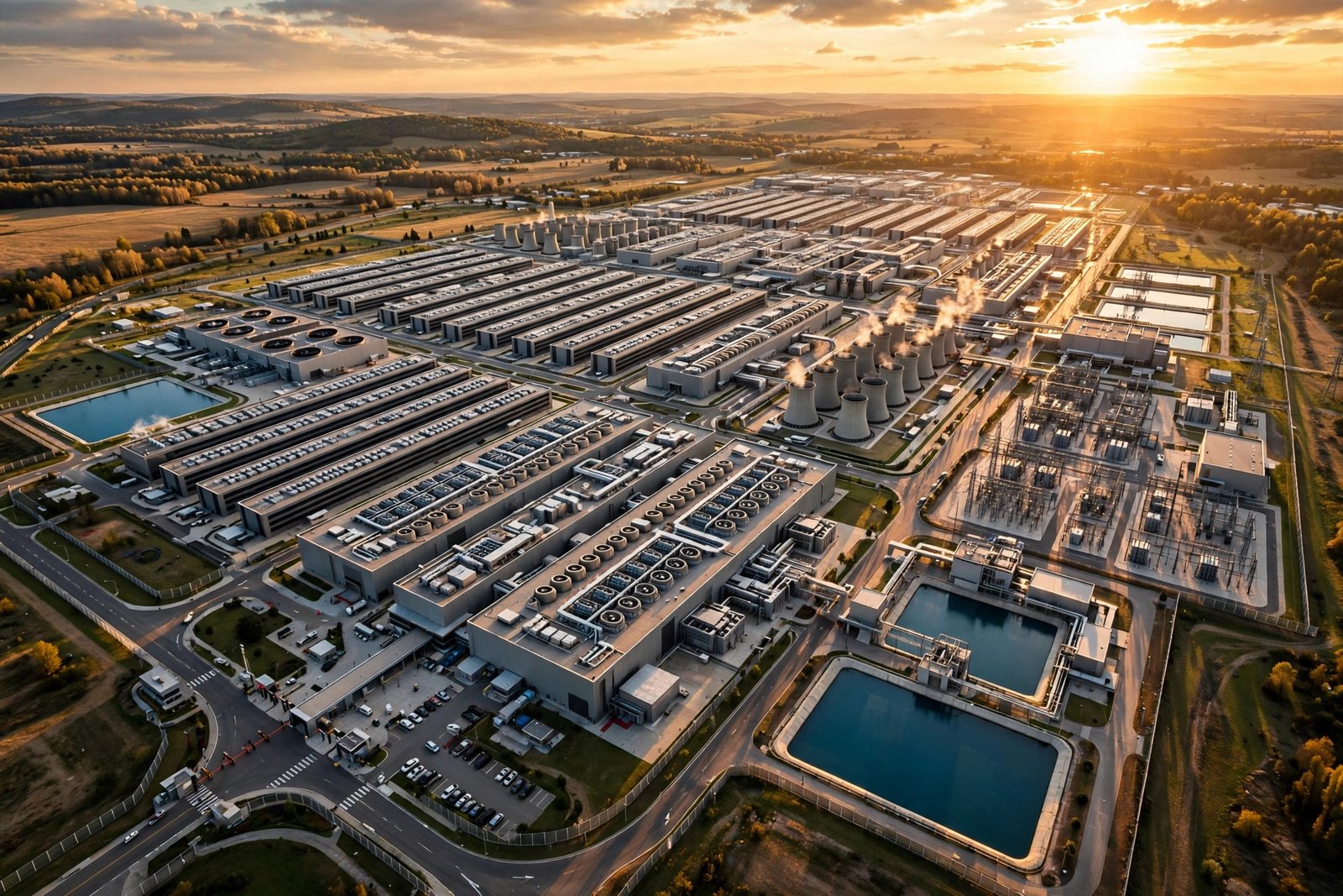 Aerial view of a massive data center campus at sunset