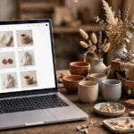 Split desk scene: laptop with an online storefront beside a handmade craft market stall, comparing Shopify and Etsy