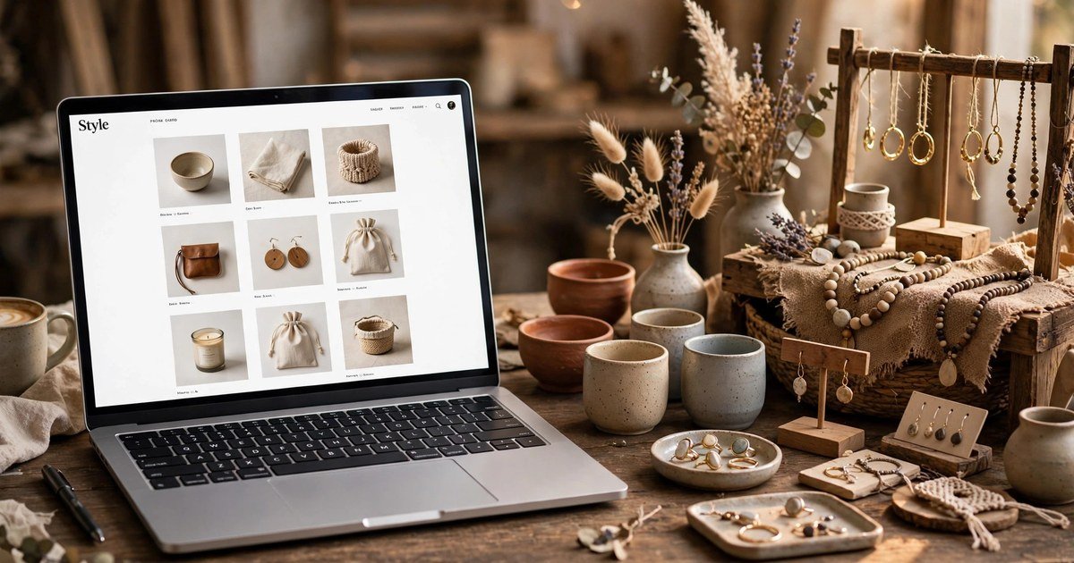 Split desk scene: laptop with an online storefront beside a handmade craft market stall, comparing Shopify and Etsy