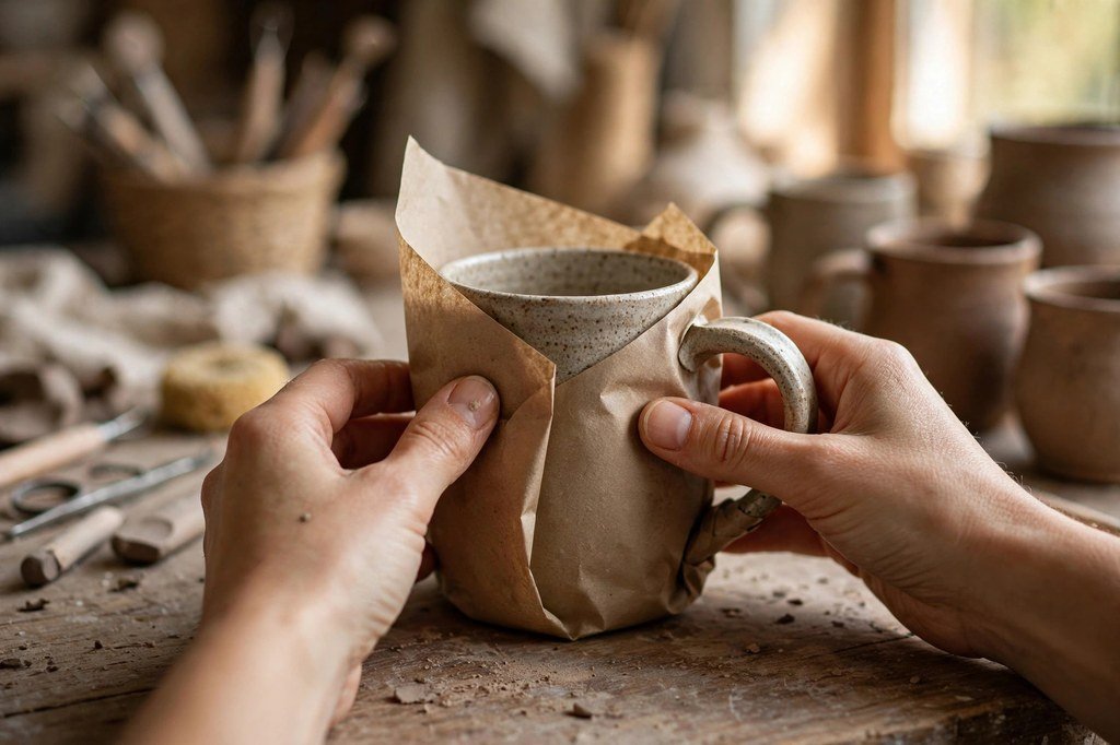Hands wrapping a handmade ceramic mug at an artisan workbench, representing Etsy marketplace sellers