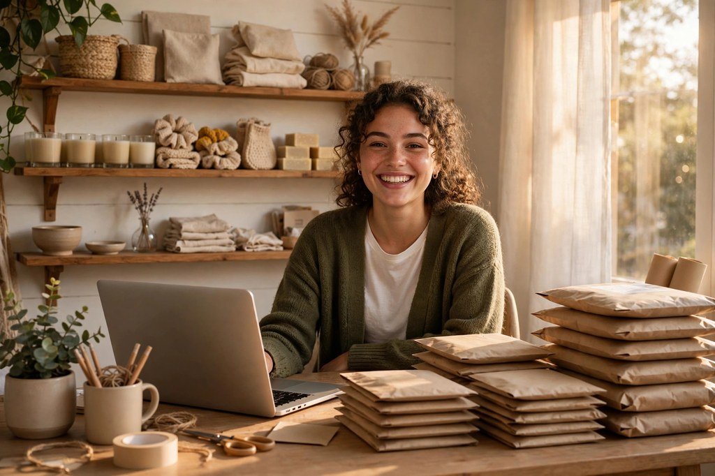 Small business owner at a home office desk with laptop and shipping boxes, running an online store