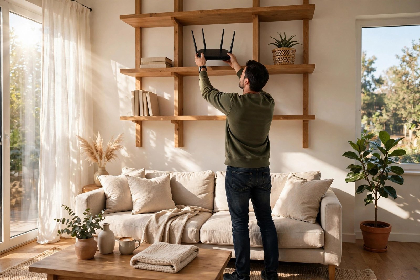 A person moving a wireless router to a central elevated shelf in a bright home, photorealistic