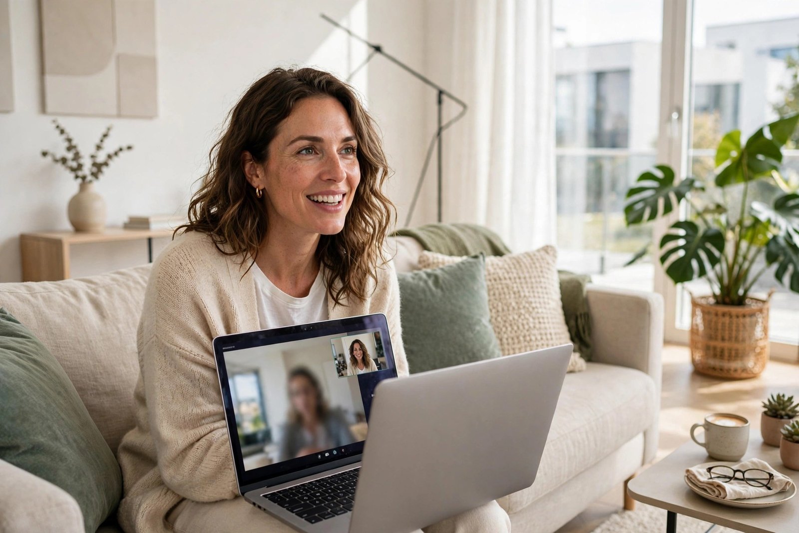 A person on a video call on a laptop in a living room with fast reliable wifi, photorealistic