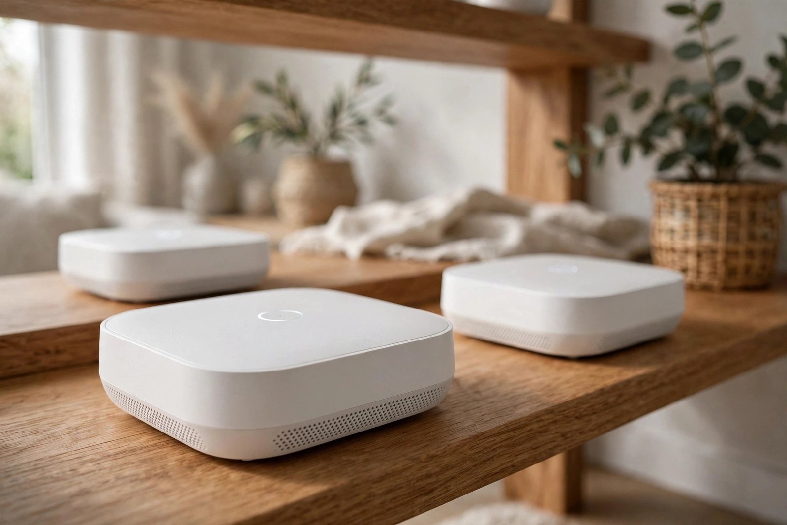 Close-up of a modern mesh wifi system with two satellite nodes in a bright home, photorealistic