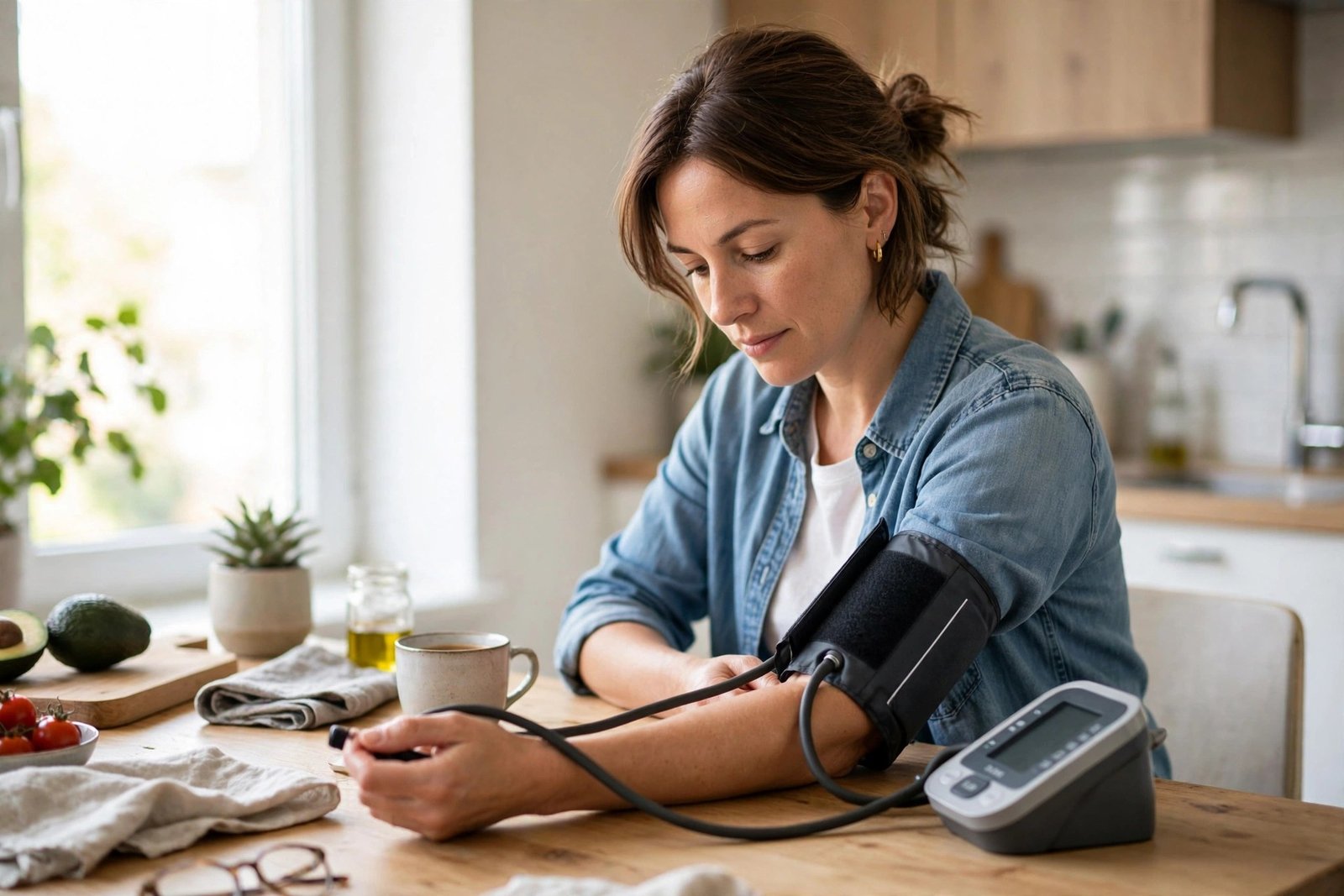 A person measuring blood pressure with a home cuff monitor at a kitchen table, photorealistic