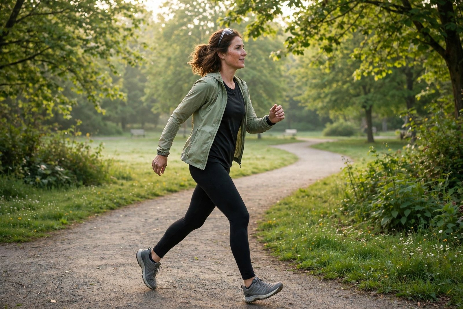 A person brisk walking on a park path in the morning for heart health, photorealistic