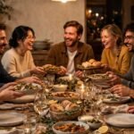 Friends laughing around a candlelit dinner party table set for eight guests