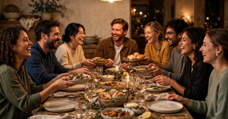 Friends laughing around a candlelit dinner party table set for eight guests