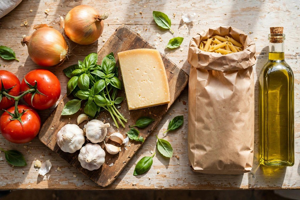 Affordable grocery ingredients on a kitchen counter for a budget dinner party: tomatoes, pasta, basil, olive oil, parmesan