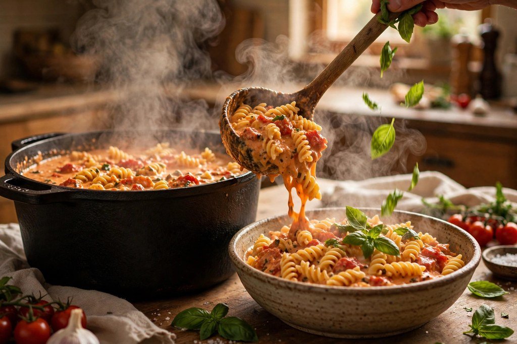 Large pot of steaming one-pot creamy tomato pasta being served into a rustic bowl with fresh basil