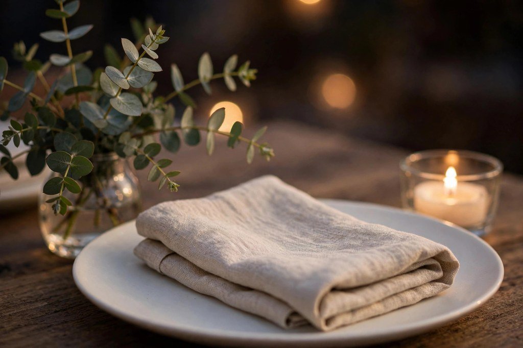 Elegant inexpensive table setting with white plate, folded napkin, tea-light candle, and eucalyptus sprigs