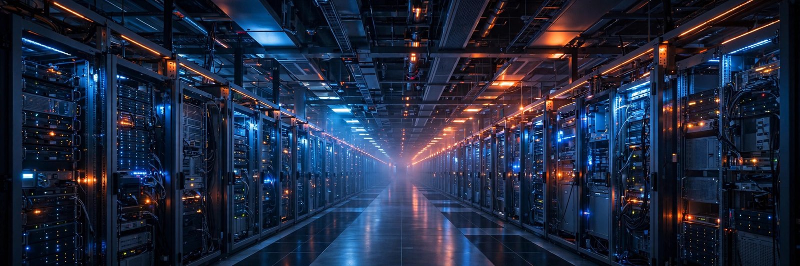 Wide panoramic view of a modern data center corridor with rows of glowing server racks