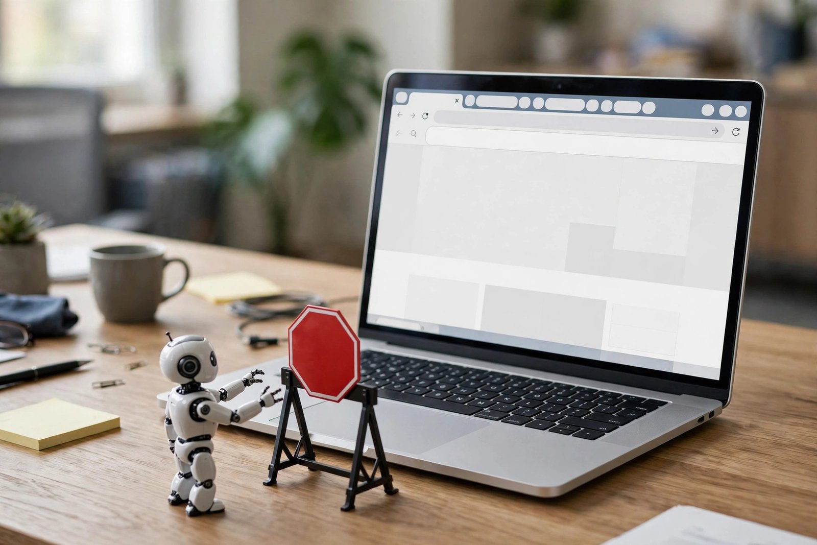 A laptop on a desk showing a web browser with a red stop sign barrier in front of a small robot
