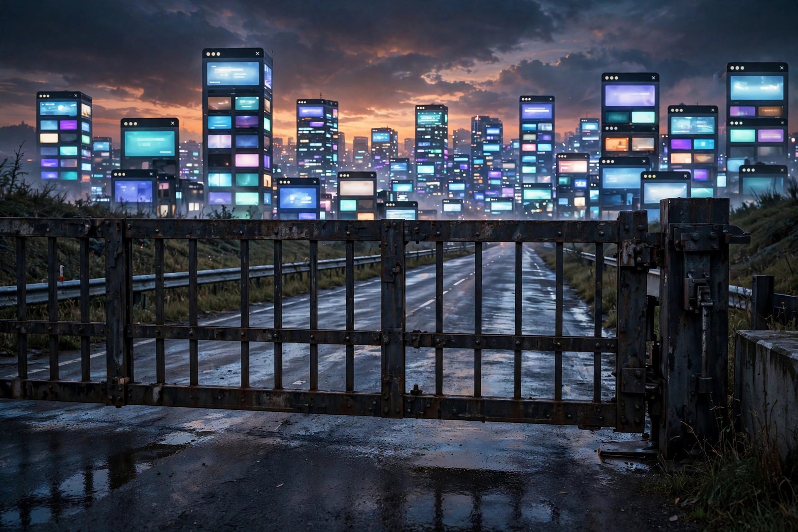 A heavy metal gate closing across a road leading toward a glowing city of website browser windows