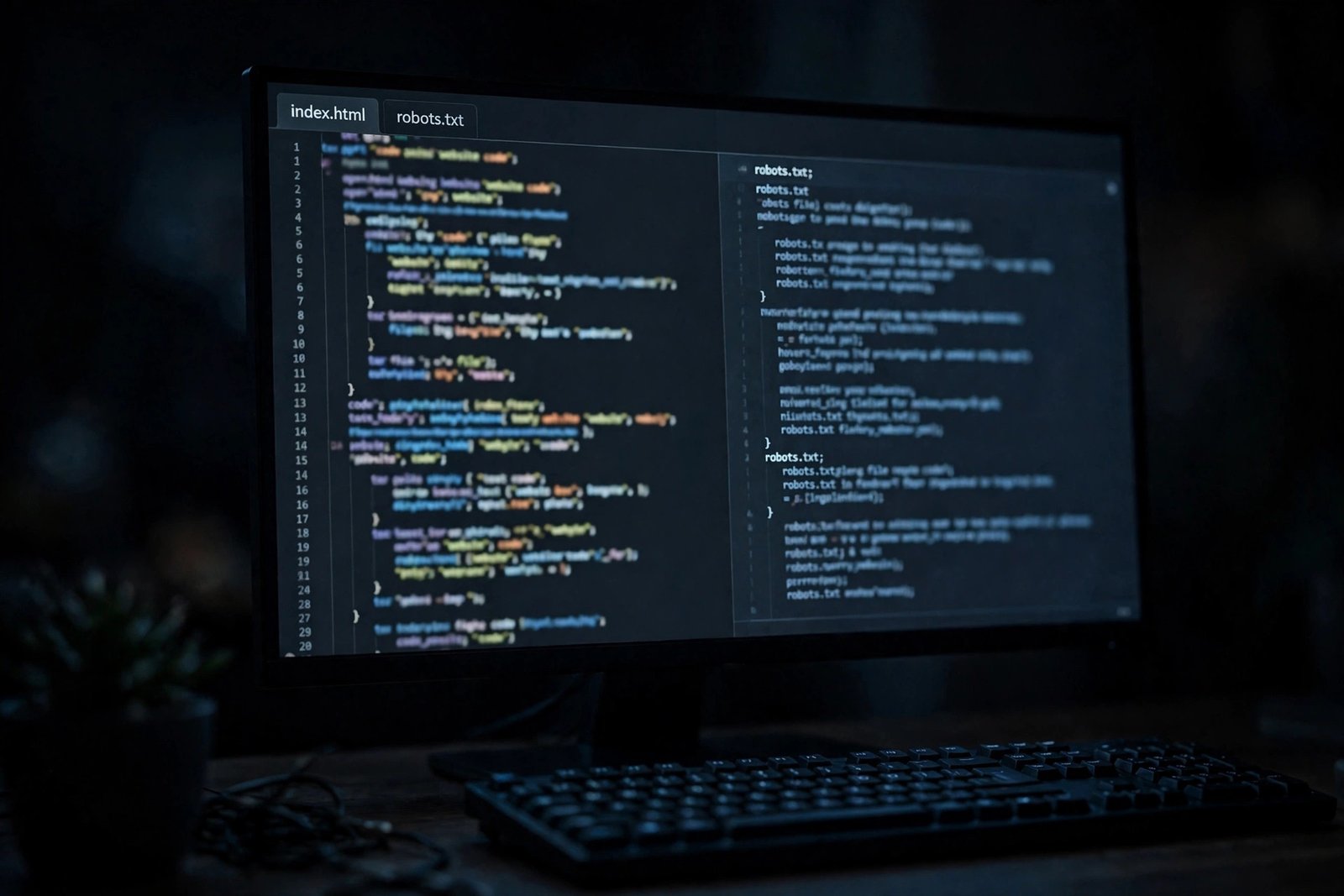 A computer monitor showing website code with a robots.txt file open in a dark office