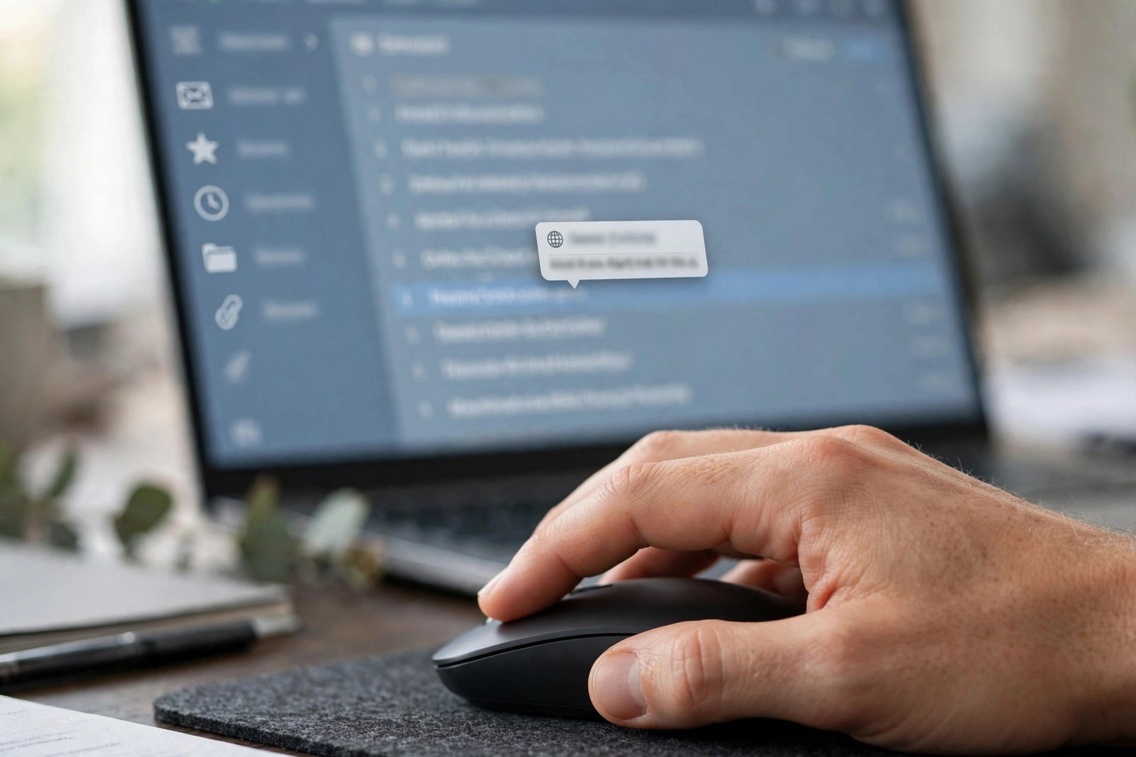 Computer cursor hovering over an email link revealing the true destination address in a preview tooltip