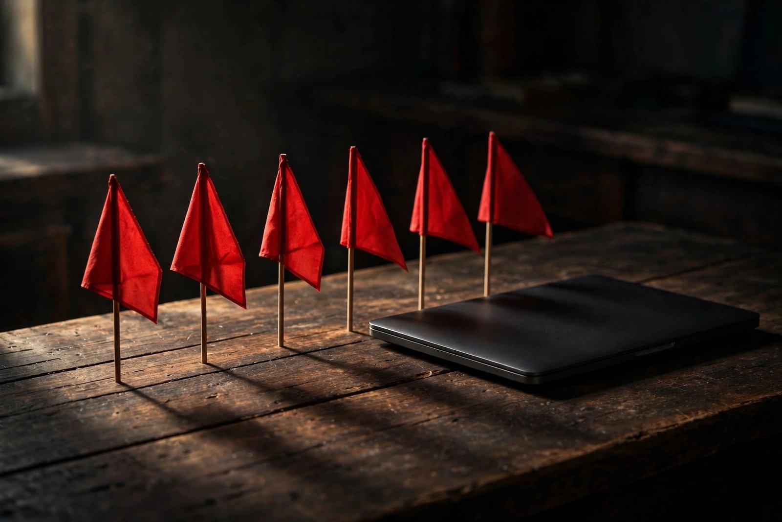 Red warning flags on a desk beside a laptop representing phishing email red flags