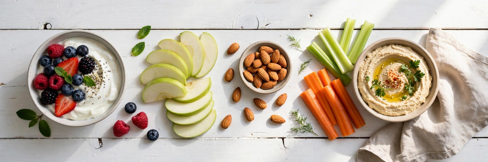 healthy snacks for weight loss - yogurt with berries, almonds, apple slices, and hummus with vegetables