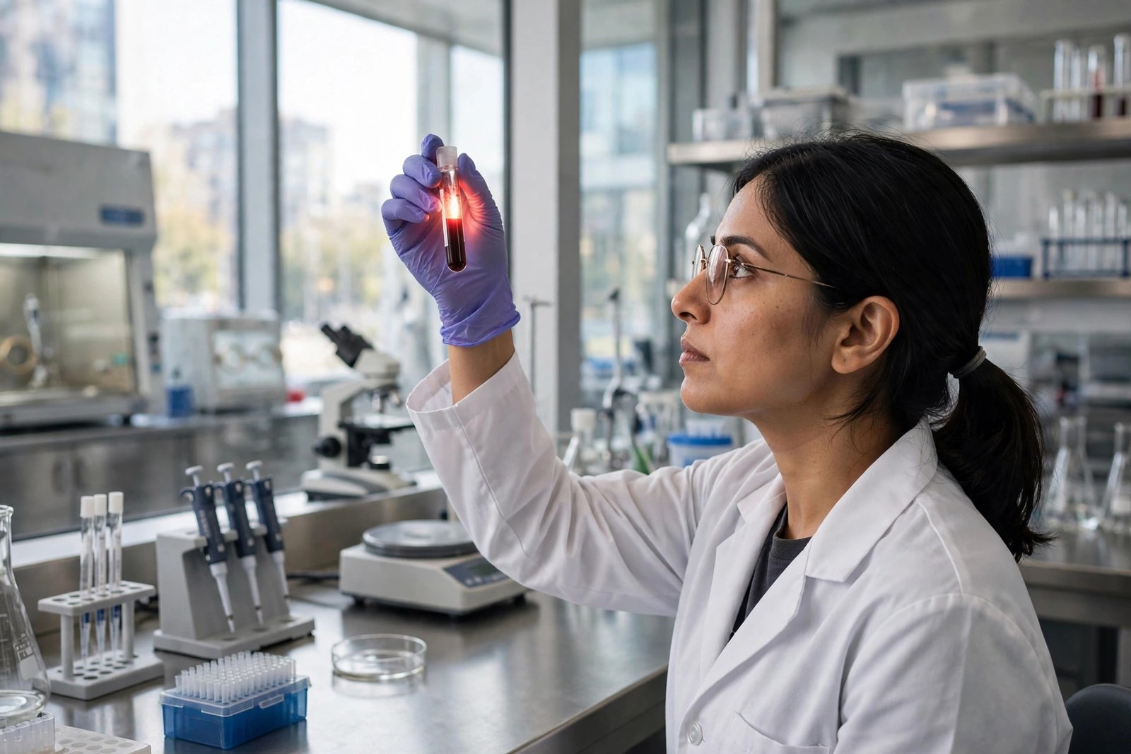 Scientist in a modern medical laboratory holding a blood sample vial up to the light