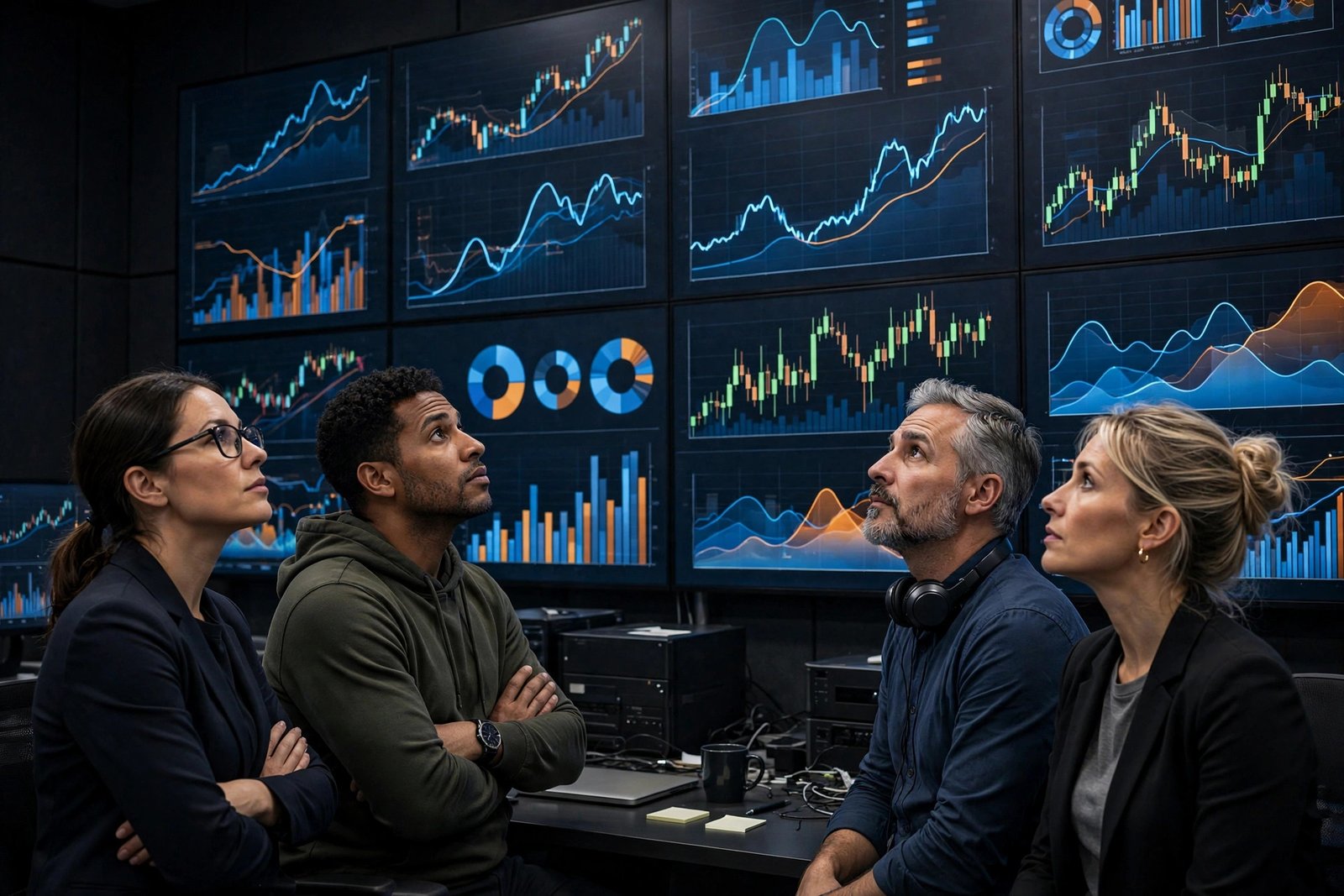 Stock traders monitoring large wall displays of market charts
