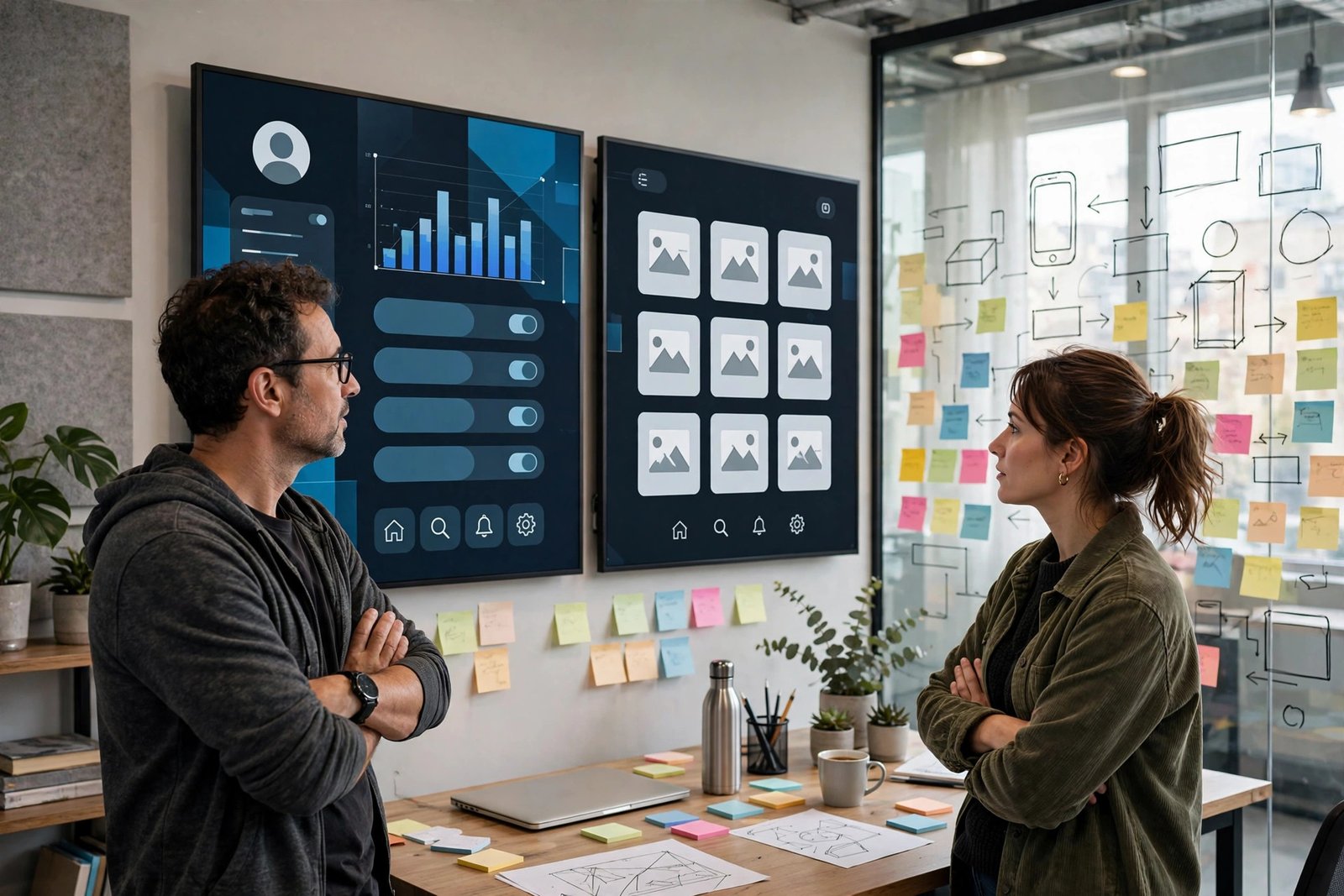 Two app developers reviewing app interface mockups on large wall-mounted screens in a modern startup office