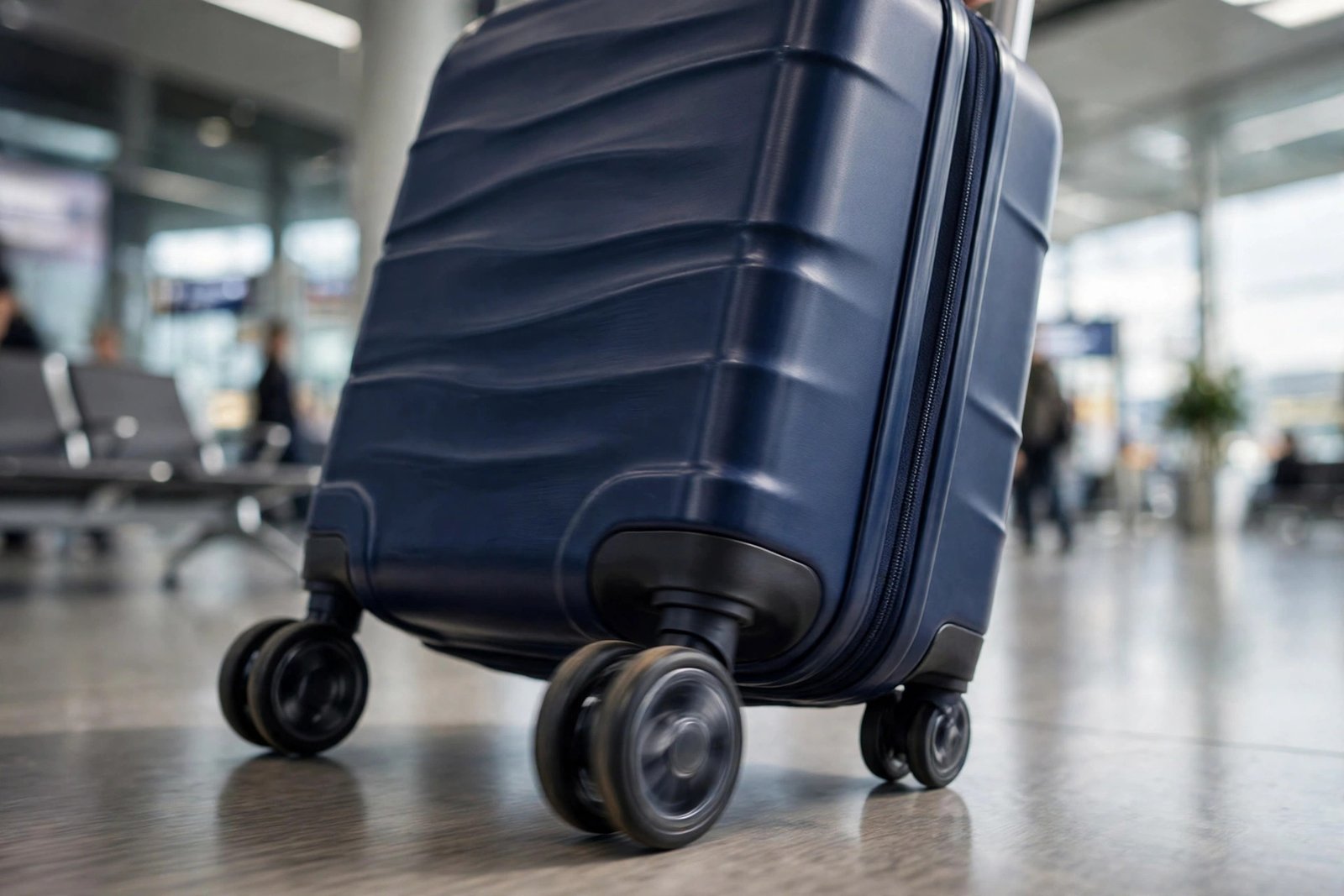 Close-up of a premium navy polycarbonate carry-on suitcase with smooth spinner wheels rolling through an airport terminal