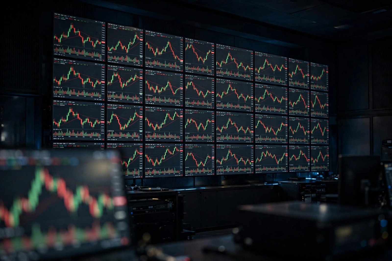 Stock market chart on a wall of trading monitors showing red and green candlesticks in a dark financial news studio