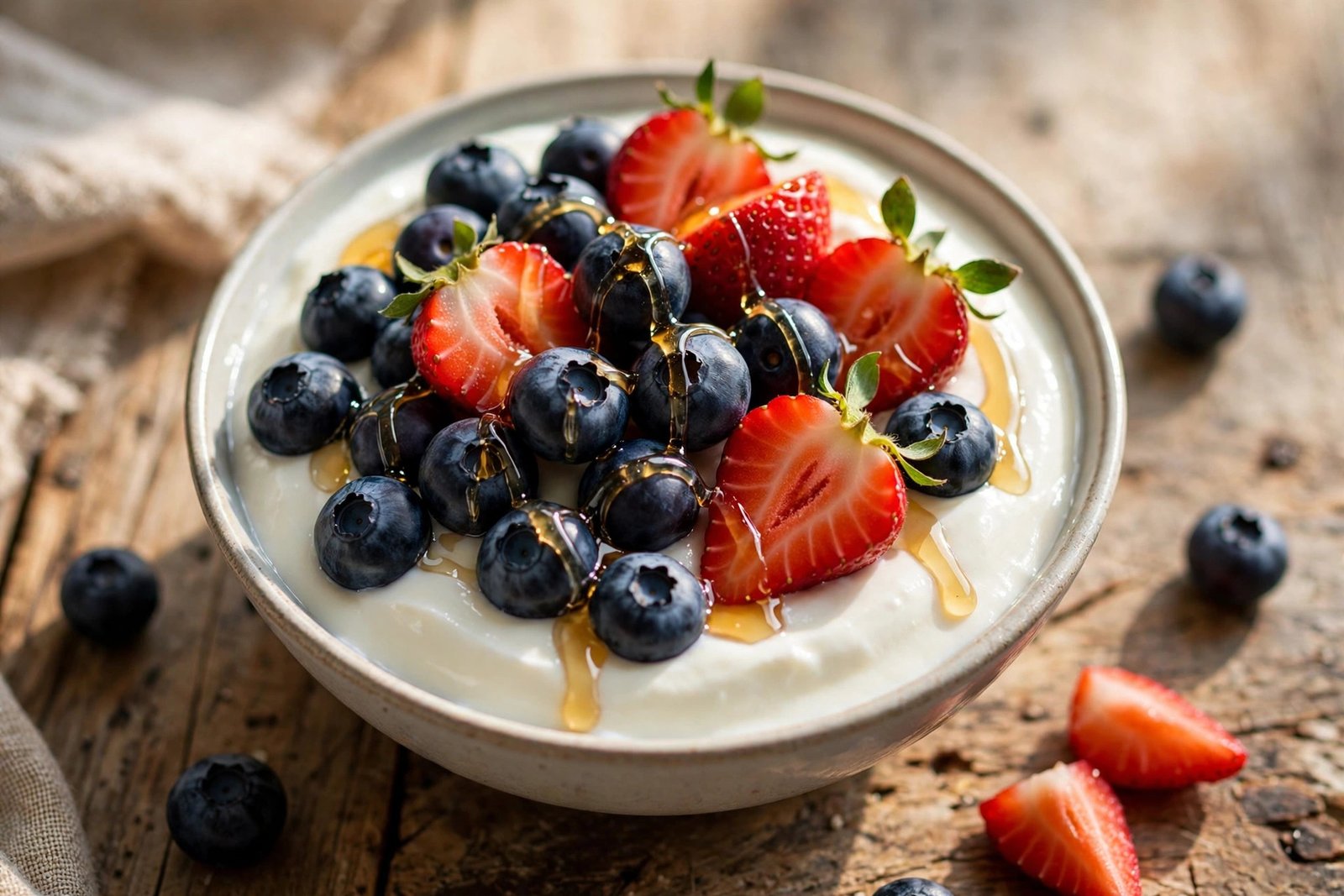 Overhead flat-lay of healthy weight-loss snacks including Greek yogurt with berries, almonds, apple slices, and hummus with vegetables
