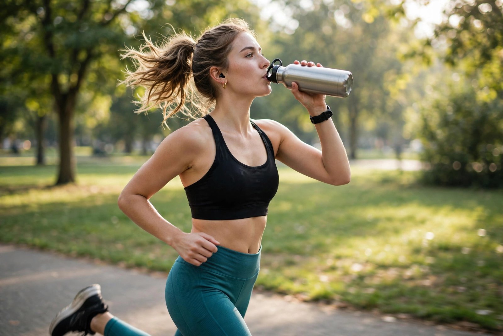 A woman in athletic wear drinking water from a reusable steel bottle during a morning run in a sunny park