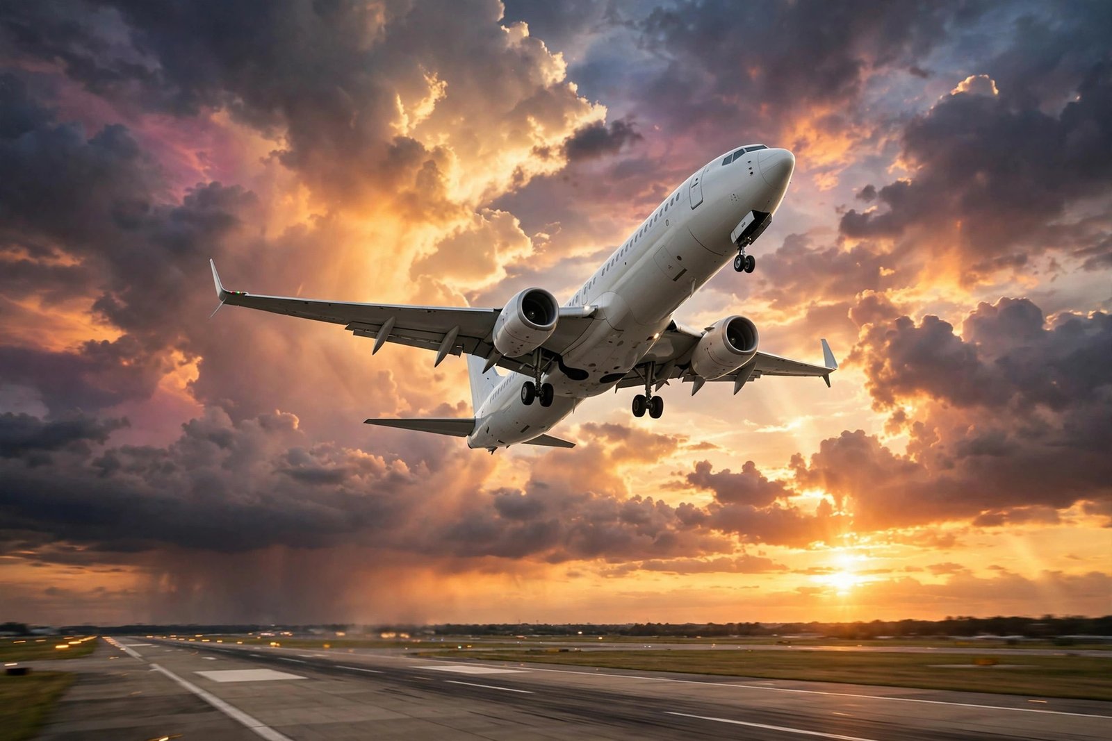 Commercial airplane taking off against a sunset sky