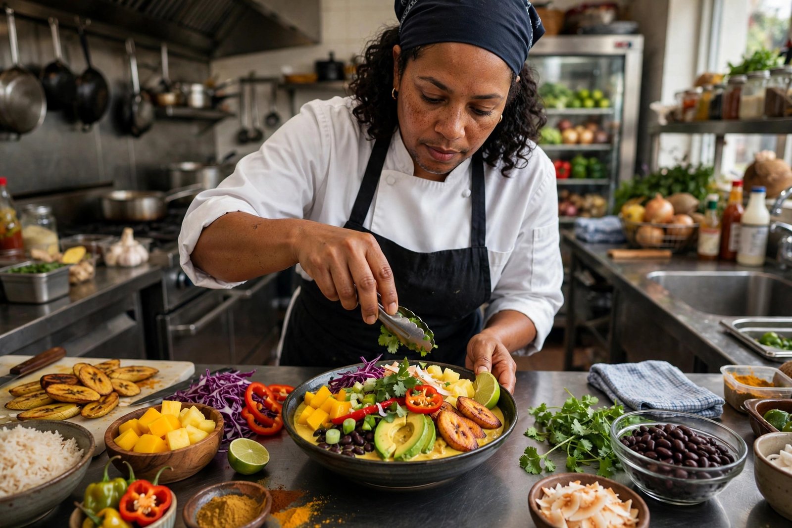 Chef assembling a colorful Caribbean curry bowl in a restaurant kitchen