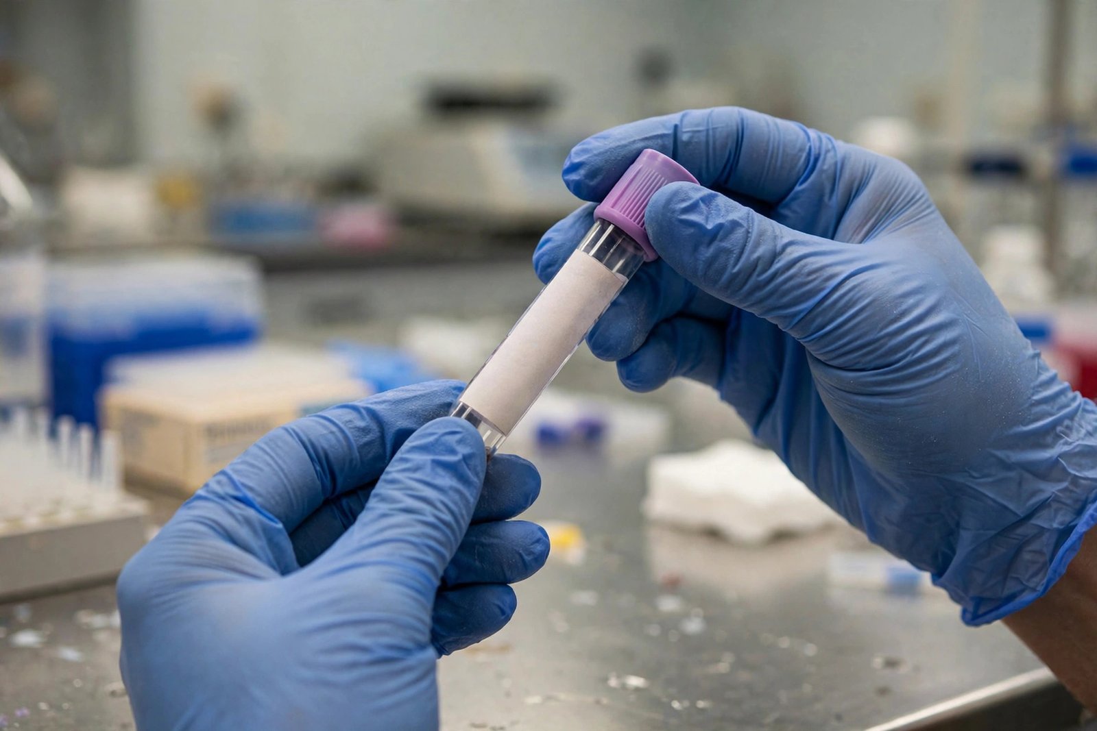 Gloved hands holding a labeled blood collection tube in a lab