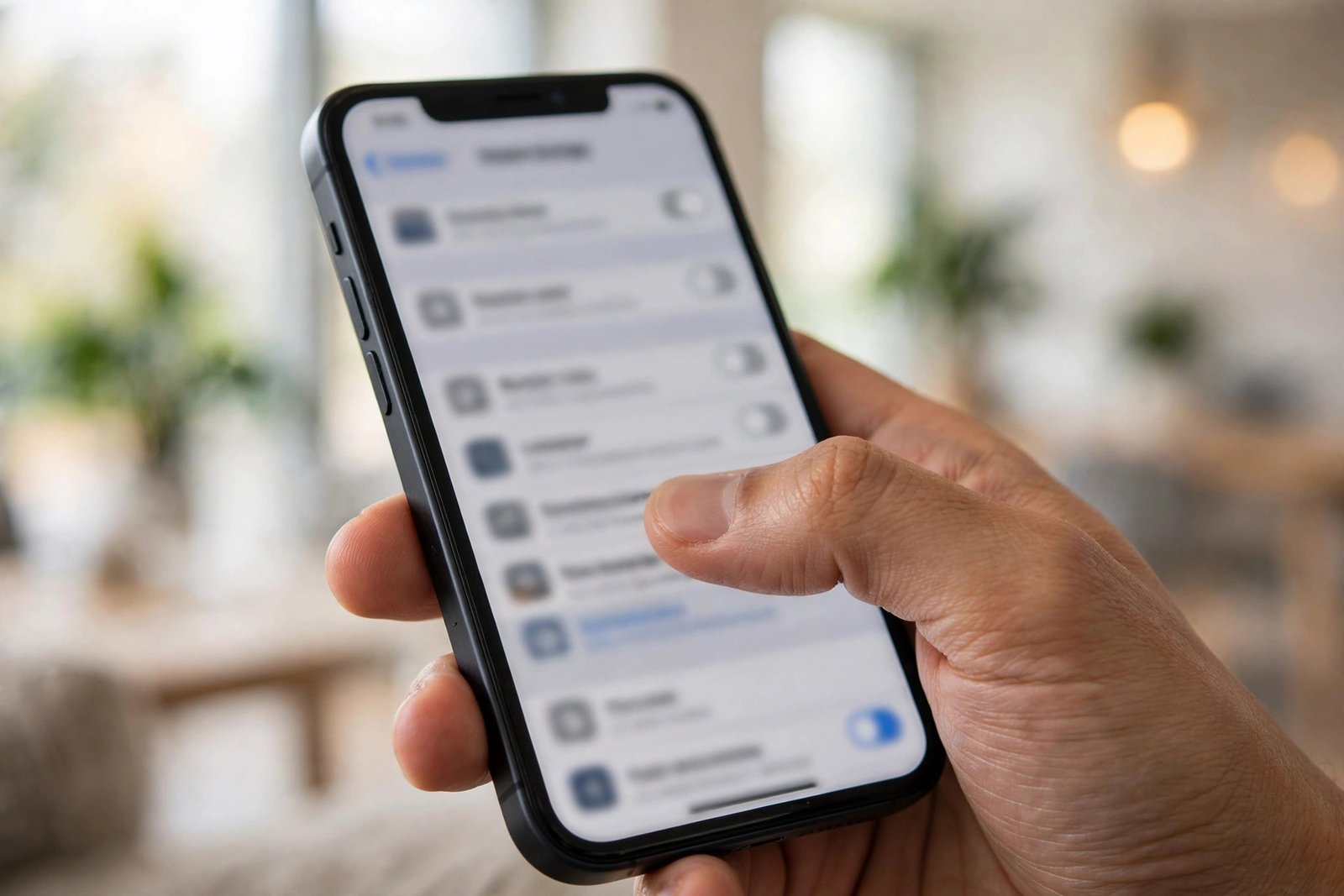 A hand holding an iPhone showing the Settings menu being tapped