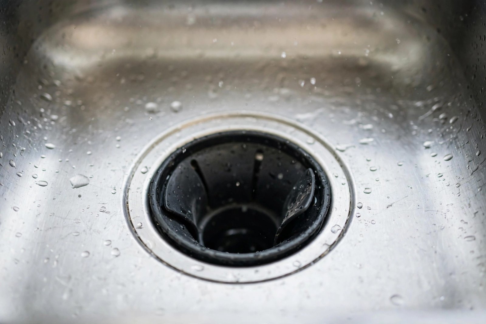 Close-up view inside a kitchen sink drain showing a garbage disposal splash guard, photorealistic editorial style