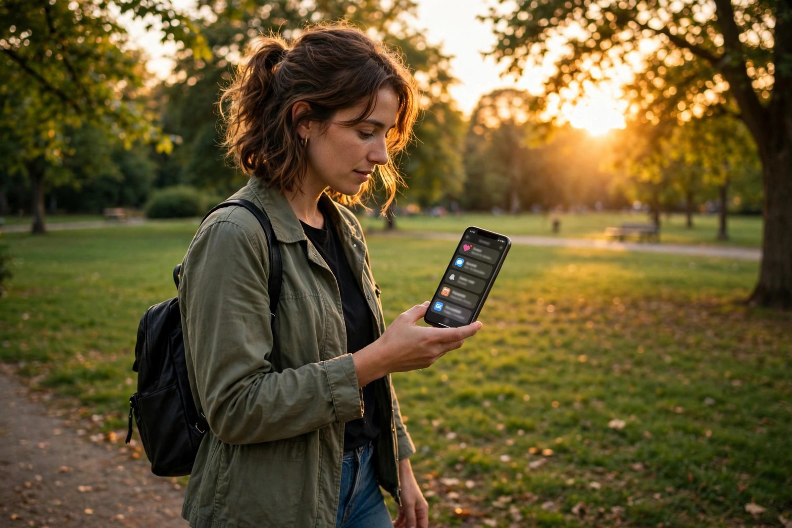 Person holding a smartphone with notifications visible, standing outdoors in a park, photorealistic editorial style