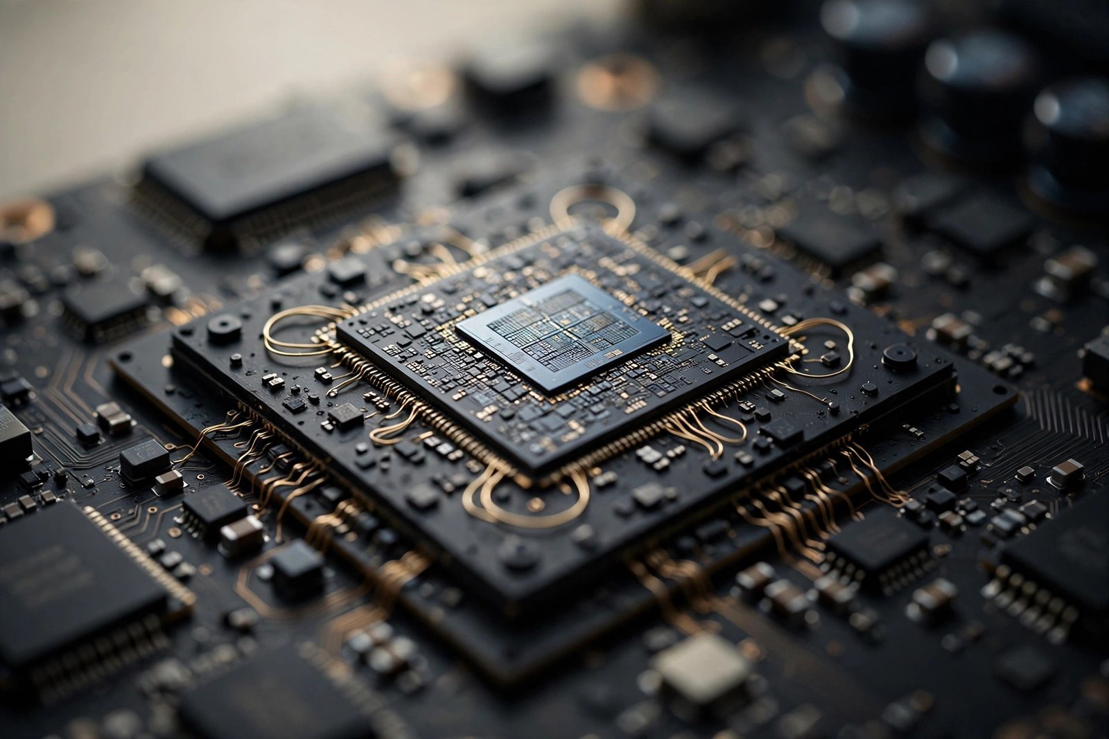 Close-up of an advanced AI processor chip mounted on a circuit board